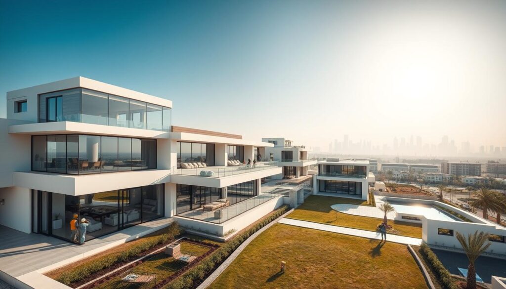 A sprawling contemporary residential complex with sleek glass-walled annexes and sunrooms set against the backdrop of the Dammam skyline. Precision-engineered insulated sandwich panels form the exterior, their seamless integration creating a harmonious, modern aesthetic. Abundant natural light filters through the expansive glazing, casting a warm glow over the meticulously landscaped grounds. Skilled workers diligently install the high-performance panels, their expertise evident in the flawless execution. The overall scene exudes an air of sophisticated luxury, a testament to the innovative architectural vision brought to life.