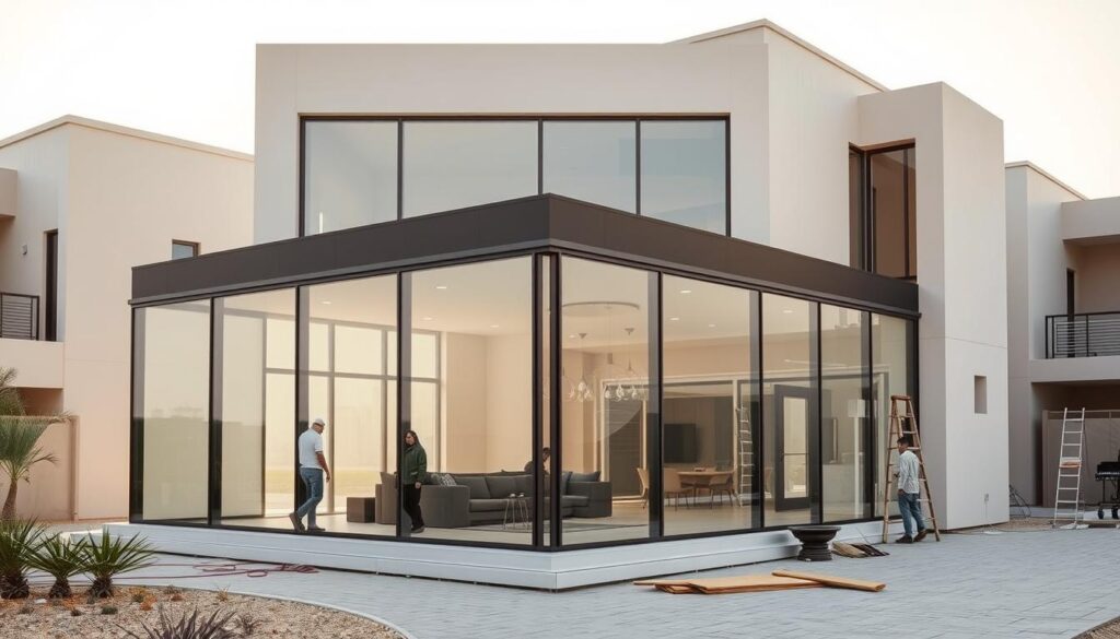 A sprawling contemporary residential compound in Alkhobar, Saudi Arabia, with workers assembling an elegant glass-enclosed annex. The structure features sleek, minimalist panels in a neutral palette, seamlessly blending indoor and outdoor spaces. Bright natural light filters through the expansive windows, casting a warm, inviting ambiance. The annex's clean lines and sophisticated design complement the surrounding architecture, creating a harmonious and luxurious aesthetic. The scene conveys a sense of modern luxury, highlighting the integration of glass and minimalist architecture in the region.