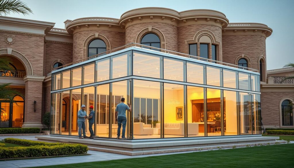A sprawling, elegantly designed villa in Dammam, Saudi Arabia, its exterior adorned with graceful arches and intricate brickwork. In the foreground, skilled tradesmen meticulously install gleaming, insulated sandwich panels, crafting a stunning glass-enclosed annex that seamlessly blends modern engineering with traditional architectural elements. The annex is bathed in warm, natural light, creating a serene, inviting atmosphere perfect for intimate gatherings and relaxation. The middle ground features lush, manicured greenery, while the background showcases the villa's impressive scale and harmonious integration with the surrounding landscape. This image perfectly encapsulates the harmony of form and function, showcasing the pinnacle of luxury villa design in Dammam for 2026.