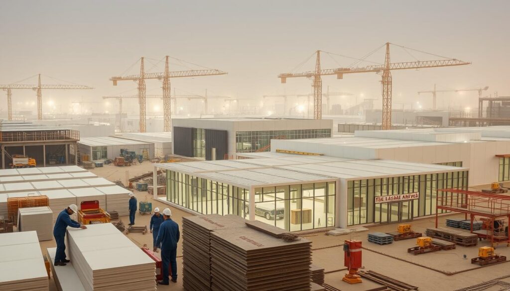 A sprawling factory complex in the heart of the Eastern Province, where meticulous quality standards reign supreme. In the foreground, skilled technicians meticulously install advanced insulated sandwich panels, ensuring optimal thermal performance and energy efficiency. The mid-ground showcases the sleek, modern glass annexes and rooms, their pristine facades reflecting the pristine quality of the materials used. The background features the impressive scale of the operation, with towering cranes and precision machinery working in harmony to elevate the construction process. Soft, diffused lighting casts a warm, professional glow, highlighting the dedication to craftsmanship that defines the Riyadah Al Sharqiyah brand.