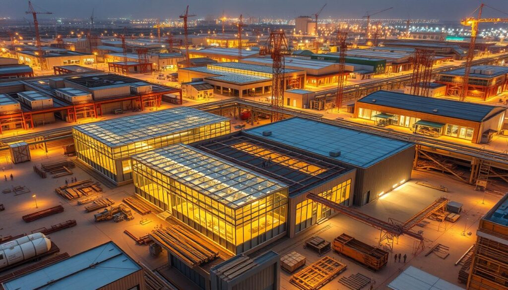 A sprawling industrial complex in Dammam, Saudi Arabia, where skilled workers construct modern glass-enclosed annexes and insulated sandwich panel structures. The scene depicts the seamless integration of traditional architectural elements with contemporary design, showcasing the region's vibrant entrepreneurial spirit. Warm lighting illuminates the intricate metalwork and gleaming glass facades, creating an atmosphere of progress and innovation. Aerial perspectives capture the scale and ambition of these forward-thinking projects, reflecting the city's commitment to preserving its heritage while embracing the future.