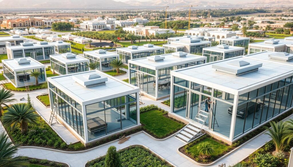 A sprawling outdoor complex in the lush Ahsa region, featuring a harmonious blend of contemporary architecture and traditional Saudi design. Sleek glass pavilions with clean lines and minimalist accents sit amidst verdant landscaping, as workers meticulously install insulated panels to create energy-efficient yet stylish structures. Soft natural light filters through the expansive windows, casting a warm, inviting glow over the meticulously crafted spaces. This ambitious project showcases the company's expertise in marrying innovative modernity with cultural heritage, resulting in an elegant and functional public sanctuary.