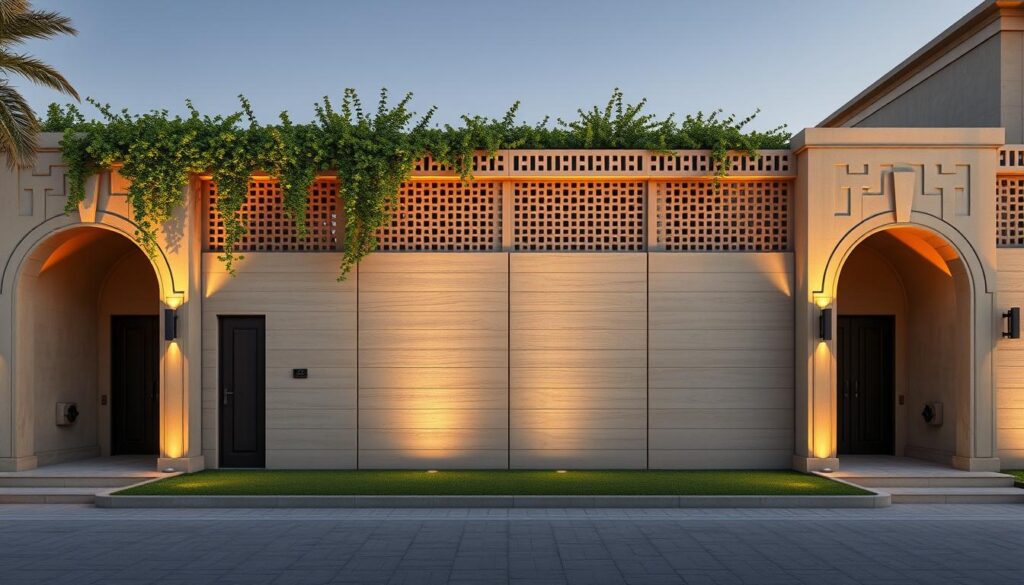 A sprawling privacy fence of intricate lattice and textured concrete panels, cast in warm neutral tones that complement the architectural style of the Dammam villas. Elegant arched entryways flank the structure, casting dramatic shadows across the facade. Strategically placed lighting accentuates the depth and geometry, creating a sense of timeless sophistication. Lush greenery cascades over the top, softening the imposing walls and blending the boundary between indoors and out. The overall impression is one of secure seclusion, with an unmistakable air of refined modern design.