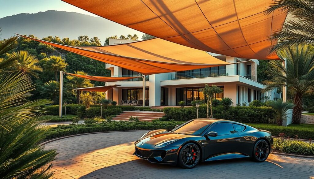 A sprawling villa nestled in the lush greenery of Ahsa, Saudi Arabia. Elegant tensile shade structures seamlessly integrate with the architectural design, casting intricate patterns of light and shadow across the landscaped gardens. Sleek, modern cars are parked in the driveway, hinting at the luxurious lifestyle within. The scene is bathed in warm, golden sunlight, creating a serene and inviting atmosphere. Attention to detail is paramount, from the meticulously manicured foliage to the subtle reflections on the car's glossy surface. This is a masterfully crafted image, showcasing the pinnacle of innovative shade engineering in the region.