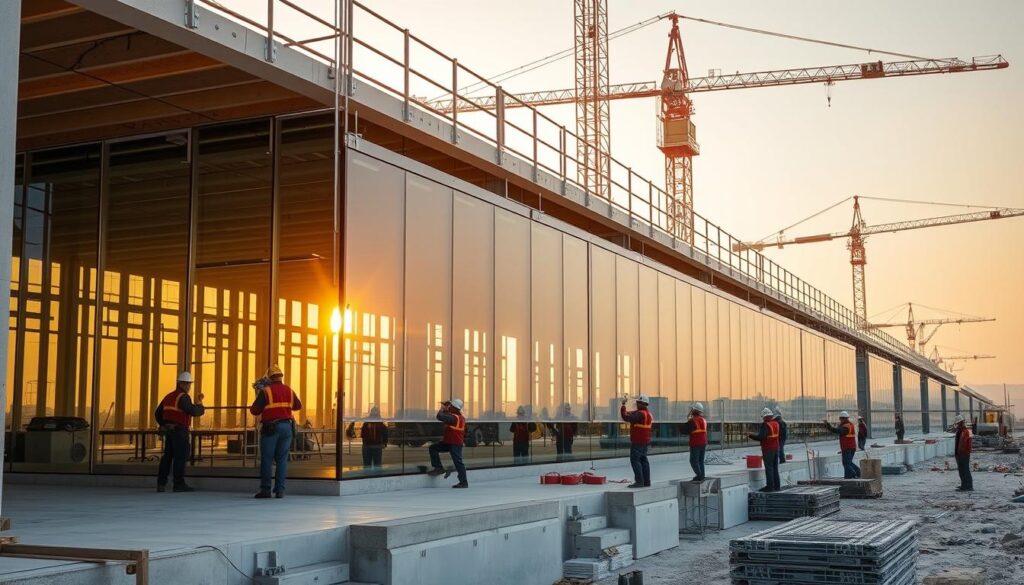A state-of-the-art commercial construction site in Saudi Arabia, where skilled workers meticulously install advanced insulated sandwich panels to create modern glass-enclosed annexes. Warm natural sunlight filters through the transparent facades, illuminating the precise engineering and attention to detail. Cranes and machinery operate in the background, seamlessly coordinating the construction process. The scene conveys a sense of progress, innovation, and a commitment to high-quality building solutions that ensure long-lasting performance and energy efficiency.