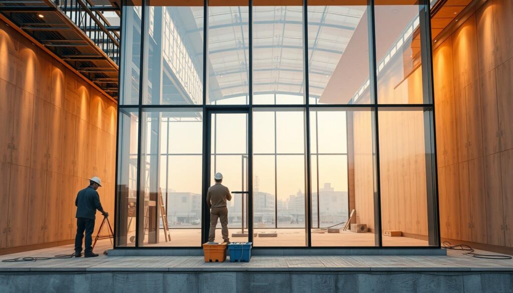 A state-of-the-art glass annex rises from a foundation of high-quality building materials. Skilled workers meticulously install insulated sandwich panels, ensuring exceptional thermal and acoustic performance. The structure's sleek, contemporary lines are complemented by precise engineering and attention to detail, reflecting the rigorous quality standards of the Riyad Al Sharqiya enterprise. Warm, diffused lighting filters through the expansive glass walls, creating a luxurious ambiance. An elegant, harmonious synthesis of form and function, this glass enclosure exemplifies the pinnacle of modern architectural design and construction excellence.