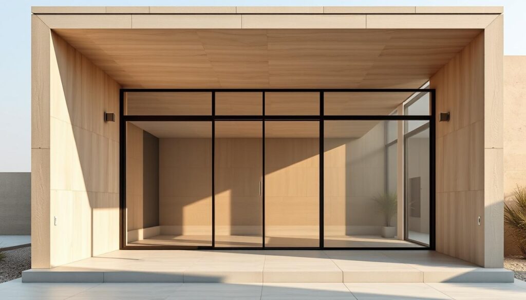 A striking architectural composition showcasing the modern and efficient application of insulated sandwich panels in the construction of a contemporary annex or glass room. The sleek, minimalist design features a harmonious interplay of clean lines, subtle textures, and a palette of warm, natural tones. Precise angles and seamless panel joints create an almost monolithic, yet visually appealing structure, bathed in soft, diffused natural light. The scene evokes a sense of calm, modernist elegance, perfectly suited for the article's focus on the engineering merits and aesthetic qualities of sandwich panel and cement board building in Dammam.