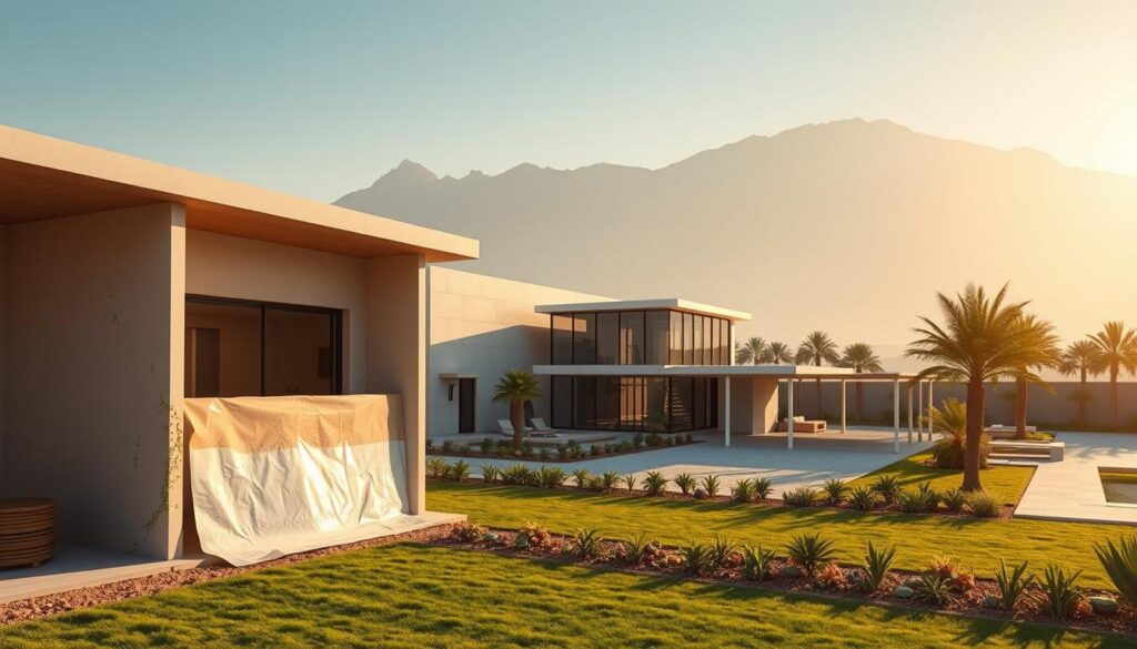 A striking architectural scene depicting the construction and finishing of luxury garden annexes in Dammam, Saudi Arabia in the year 2026. The foreground shows skilled workers carefully installing insulated sandwich panels to form the building's exterior, while in the middle ground, sleek glass and steel structures emerge, bathed in warm sunlight. In the background, lush greenery and modern landscaping elements create a serene, harmonious setting. The overall atmosphere conveys a sense of sophistication, attention to detail, and a commitment to energy-efficient, sustainable design principles. Precise camera angles and lighting emphasize the clean lines, innovative materials, and seamless integration of the structures within their natural surroundings. A striking architectural scene depicting the construction and finishing of luxury garden annexes in Dammam, Saudi Arabia in the year 2026. The foreground shows skilled workers carefully installing insulated sandwich panels to form the building's exterior, while in the middle ground, sleek glass and steel structures emerge, bathed in warm sunlight. In the background, lush greenery and modern landscaping elements create a serene, harmonious setting. The overall atmosphere conveys a sense of sophistication, attention to detail, and a commitment to energy-efficient, sustainable design principles. Precise camera angles and lighting emphasize the clean lines, innovative materials, and seamless integration of the structures within their natural surroundings.
