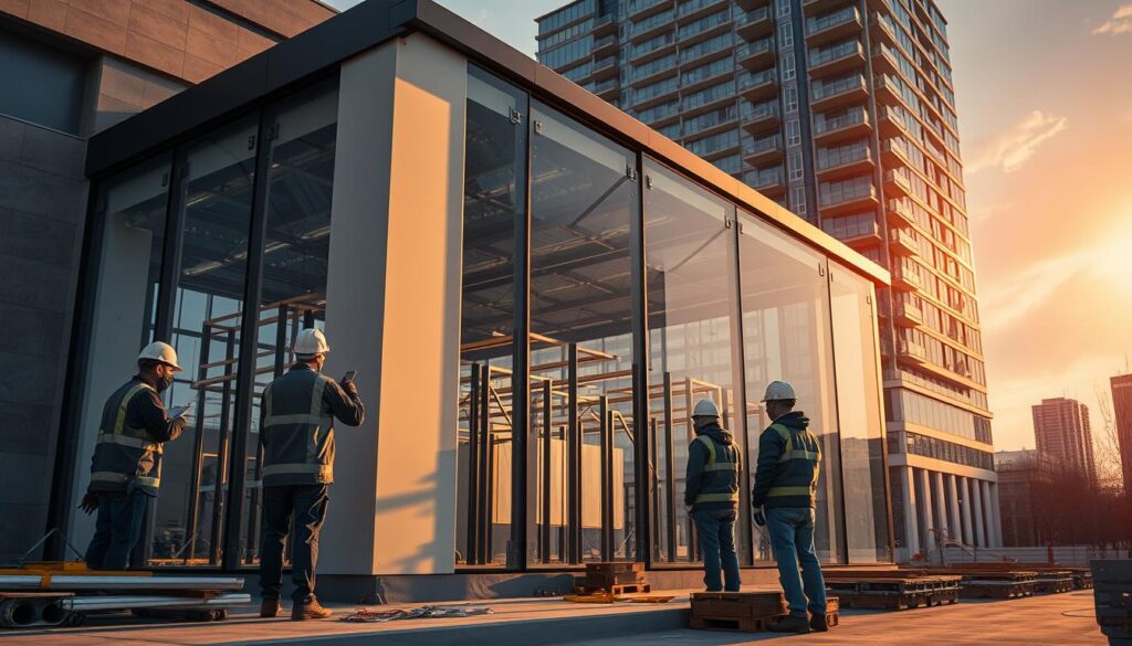 A striking architectural scene of a team of skilled engineers and technicians carefully overseeing the construction of a sleek, state-of-the-art glass enclosure. The foreground features workers in hard hats and safety gear efficiently installing high-performance insulated panels, while the middle ground showcases the intricate framework and glazing taking shape. In the background, a modern building provides a sophisticated urban backdrop, bathed in warm, directional lighting that casts dramatic shadows and highlights the precision of the engineering work. An atmosphere of meticulous quality control and dedication to excellence permeates the scene, capturing the essence of "خدمات الضمان والإشراف الهندسي".