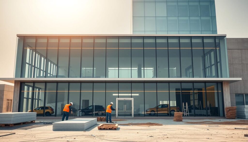 A striking glass-walled commercial annex stands tall, its clean lines and sleek facade reflecting the high-quality construction standards enforced by Riyadh's development authorities. In the foreground, skilled workers install insulated sandwich panels, ensuring optimal energy efficiency and climate control. Warm, natural lighting filters through the expansive windows, casting a welcoming glow over the scene. The attention to detail, from the precisely aligned panels to the seamless integration of the annex with the main structure, exemplifies the meticulous quality standards upheld in Dammam's thriving commercial projects.