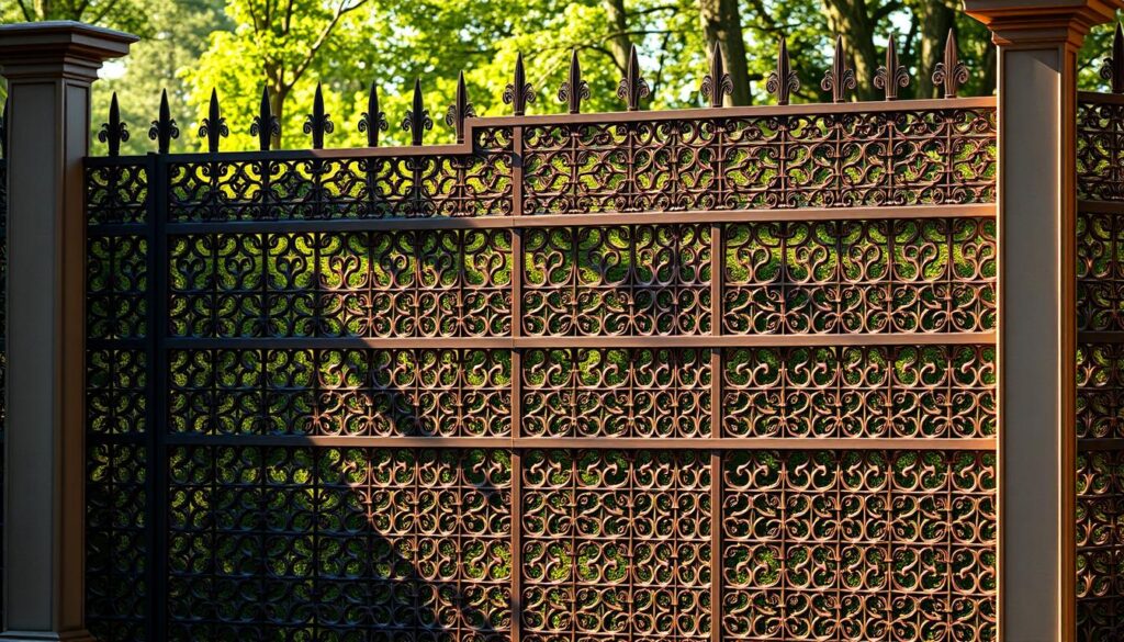 A stunning and elegant privacy fence with intricate lattice patterns, creating a harmonious blend of tradition and modernity. Tall, graceful columns support the delicate metalwork, casting soft shadows that dance across the surface. The fence is set against a backdrop of lush greenery, hinting at the tranquil oasis it protects. Warm, directional lighting highlights the fence's intricate details, conveying a sense of refined luxury and privacy. The overall composition emphasizes the importance of preserving personal space and security, while seamlessly integrating into the surrounding landscape.