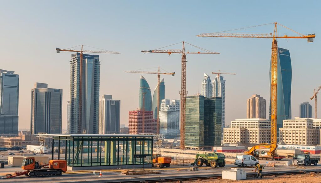 A stunning cityscape of Dammam, Saudi Arabia, showcasing a series of ambitious construction projects. In the foreground, workers meticulously install gleaming insulated sandwich panels, crafting modern glass annexes and sunrooms that seamlessly integrate with the existing buildings. The mid-ground features towering cranes and heavy machinery, orchestrating the transformation of the urban landscape. The background is dominated by a harmonious blend of contemporary architectural styles, their reflective surfaces catching the warm glow of the sun. The scene exudes a sense of progress and innovation, hinting at the city's evolution towards a more sustainable and visually captivating future.