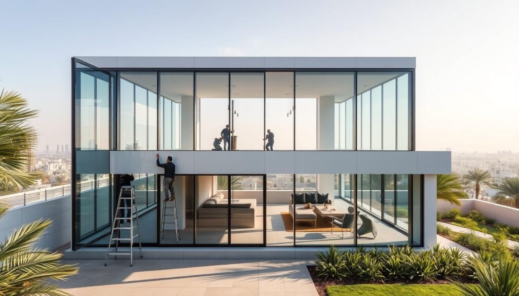 A stunning contemporary annex in Dammam, Saudi Arabia, with floor-to-ceiling glass walls that offer panoramic views of the surrounding cityscape. The structure features a sleek, minimalist design, with clean lines and a neutral color palette that complements the natural environment. Skilled workers are carefully installing high-performance insulated sandwich panels, ensuring the building's energy efficiency and thermal comfort. Soft, diffused lighting filters through the glass, creating a warm and inviting atmosphere. The annex is positioned to maximize natural light, blending seamlessly with the lush landscaping and creating a harmonious indoor-outdoor living experience.