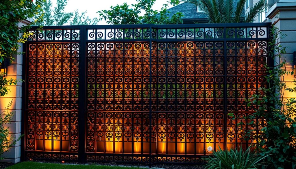 A stunning metal fence facade, crafted with intricate geometric patterns and a sleek, modern design. The warm, golden hue of the iron panels creates an inviting and elegant atmosphere, perfectly complementing the lush greenery and serene surroundings. Strategically placed lighting casts a soft, ambient glow, accentuating the fence's captivating silhouette. The seamless integration of functionality and aesthetic appeal reflects the perfect balance of privacy, security, and architectural beauty. A harmonious blend of industrial strength and refined sophistication, this privacy fence exudes an air of tranquility and exclusivity.