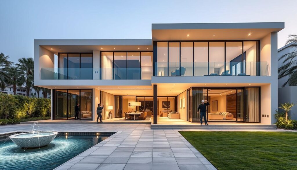 A stunning modern villa in Dammam, Saudi Arabia, showcasing a breathtaking glass annex addition. The structure features sleek, contemporary architecture with abundant natural light flooding through floor-to-ceiling windows. Skilled workers carefully install insulated sandwich panels, blending seamlessly with the villa's elegant aesthetic. The annex serves as a luxurious extension, offering a serene and airy ambiance that perfectly complements the main residence. Lush greenery and a tranquil water feature in the surrounding landscape create a harmonious, picturesque setting. Soft, warm lighting illuminates the space, accentuating the high-quality materials and meticulous craftsmanship. This captivating image captures the essence of modern, sophisticated villa design in Dammam.