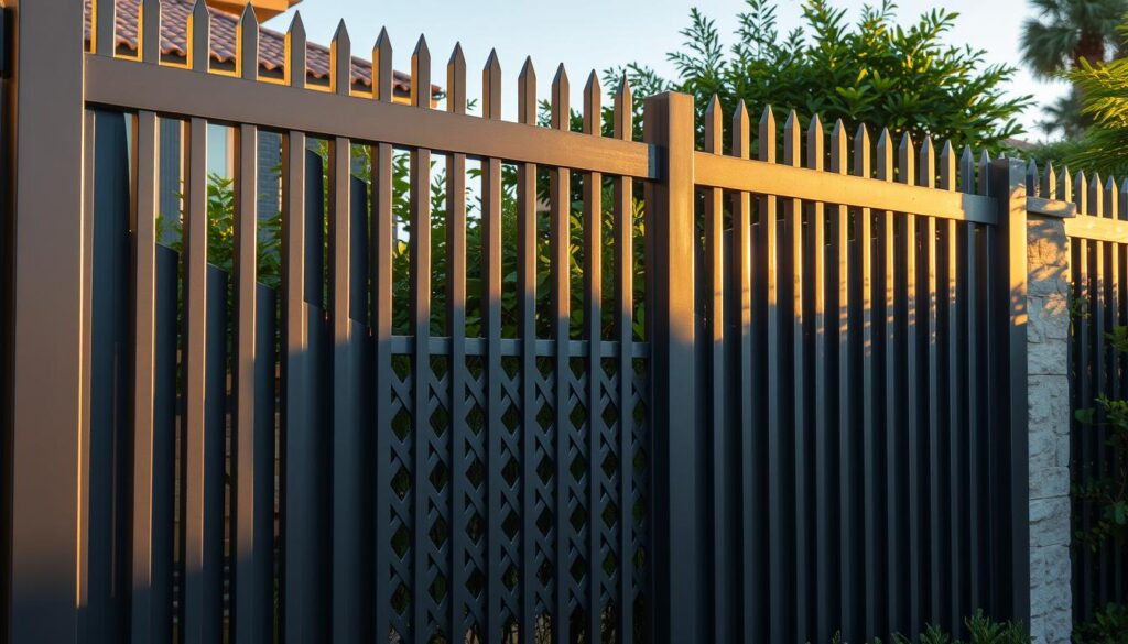 A sturdy, modern steel privacy fence, its vertical bars casting dramatic shadows across a meticulously landscaped villa. Intricate latticework patterns adorn the middle section, blending function and elegant design. The fence's sleek, charcoal-gray finish reflects the warm glow of the afternoon sun, radiating an aura of sophistication and security. In the background, lush, verdant foliage provides a natural counterpoint, creating a harmonious balance between the man-made structure and the surrounding environment. The overall scene conveys a sense of premium quality, stability, and architectural refinement, perfectly suited for the high-end residential setting.
