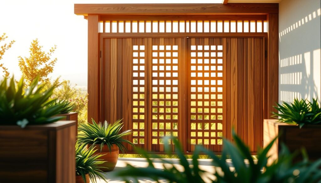 A sun-dappled outdoor scene showcases a stunning wooden privacy screen, its rich grains and smooth textures creating an elegant, natural ambiance. Strategically positioned planters and lush greenery frame the foreground, while the middle ground features the intricate screen design, with clean lines and geometric patterns that blend seamlessly with the surrounding architecture. In the background, a serene landscape unfolds, with a warm, golden light casting a soft glow over the entire composition. The overall atmosphere conveys a sense of tranquility, privacy, and high-end craftsmanship, perfectly suited for a luxurious residential setting.