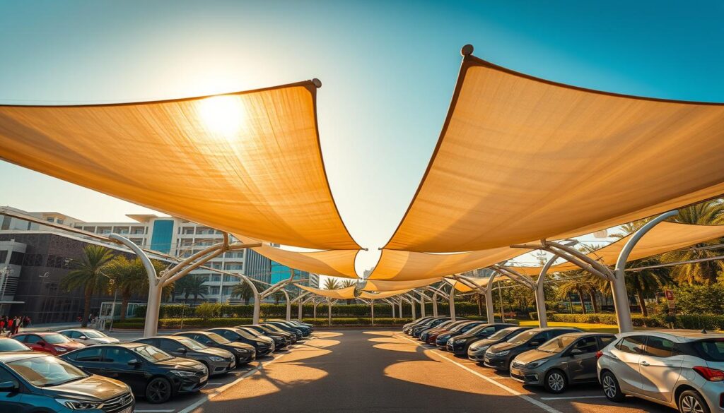 A sun-dappled scene of sleek, modern car-shade structures in a bustling Saudi Arabian cityscape. Elegant tensile canopies stretch across the foreground, their sinuous forms casting dynamic shadows on the ground below. In the middle distance, rows of gleaming automobiles are parked beneath the shaded pavilions, their reflections mirroring the undulating fabric above. The background features a vibrant mix of contemporary architecture and lush greenery, bathed in warm, golden light. The overall mood conveys a sense of sophistication, functionality, and environmental harmony, capturing the essence of the 2026 shade structure offerings.
