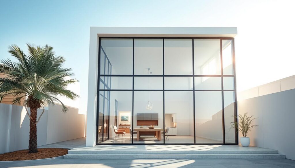 A sun-drenched modern annex in Dhahran, Saudi Arabia, with sleek glass walls and a minimalist steel frame. The exterior features insulated sandwich panels in a crisp white hue, creating a clean, contemporary aesthetic. Sunlight streams through the large windows, casting a warm glow on the minimalist interior design. Carefully placed lighting fixtures provide a soft ambiance, complementing the open, airy atmosphere. The annex seamlessly blends with the surrounding architecture, showcasing innovative design solutions for residential and commercial spaces. The overall composition evokes a sense of elegance, functionality, and a harmonious integration with the local environment.