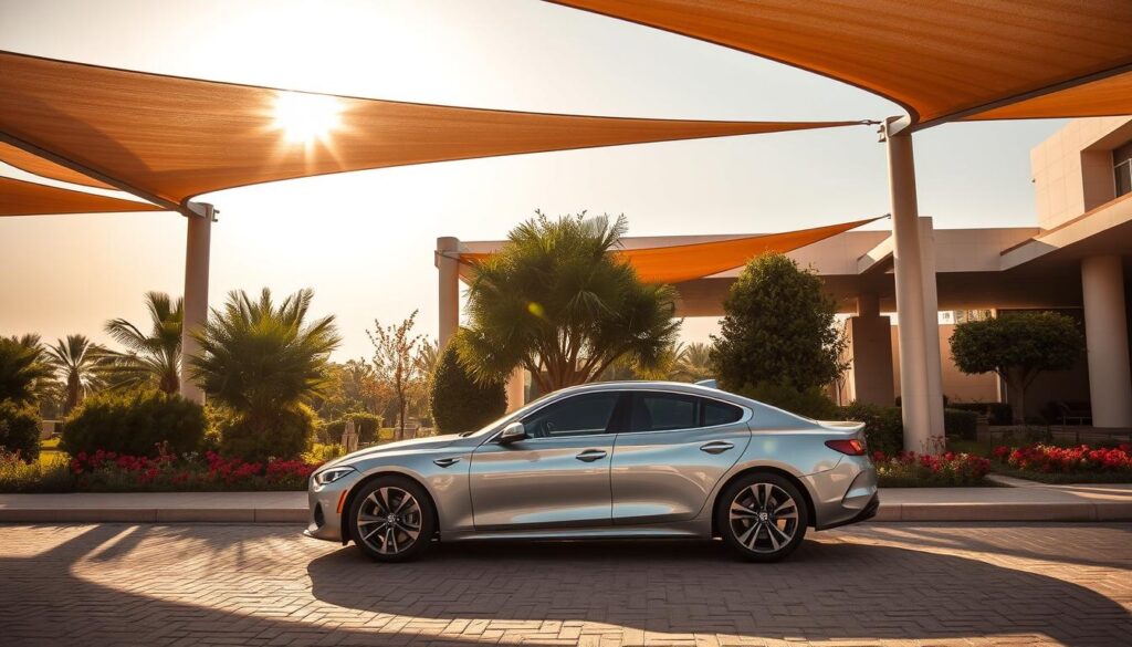 A sunny afternoon in Dammam, Saudi Arabia. Sleek, modern car shimmers in the warm light, surrounded by tensile shade structures that cast intricate patterns of shadow and light. The structures, crafted with precision, blend seamlessly with the lush greenery and vibrant hues of the well-manicured garden. Architectural details and clean lines create a harmonious, inviting atmosphere, showcasing the successful integration of practical shading solutions and aesthetic appeal. The scene exudes a sense of tranquility and sophistication, reflecting the city's progress and the thoughtful design of its outdoor spaces.