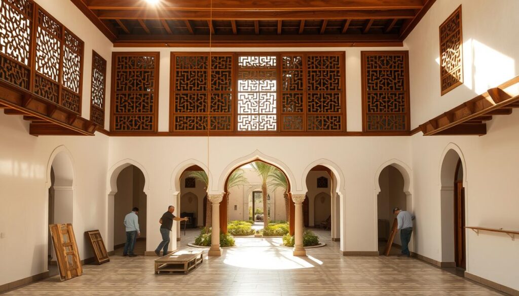 A traditional Bedouin-style building with a modern twist, featuring a central courtyard and intricately carved wooden screens. Sunlight filters through the ornate lattices, casting intricate patterns on the floor. Smooth white walls are accented by warm wood tones, creating a serene and inviting ambiance. In the foreground, workers carefully install insulated sandwich panels, blending the old and new seamlessly. The middle ground showcases the building's graceful arched entryways, while the background reveals a lush oasis of palm trees, echoing the region's rich heritage. Soft, diffused lighting enhances the tranquil atmosphere, capturing the essence of timeless Arabian architecture.