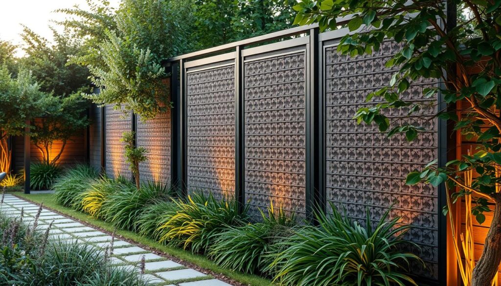 A tranquil garden scene with elegant privacy screens and fences crafted from high-quality materials. Warm lighting highlights the intricate textures and patterns, creating an atmosphere of both security and refined aesthetic. The fences seamlessly blend into the lush greenery, offering a harmonious balance between nature and privacy. Sleek, modern lines and neutral tones convey a sense of timeless sophistication. The carefully composed arrangement showcases the versatility and beauty of the privacy solutions, highlighting their ability to enhance both the functionality and visual appeal of residential and agricultural properties.