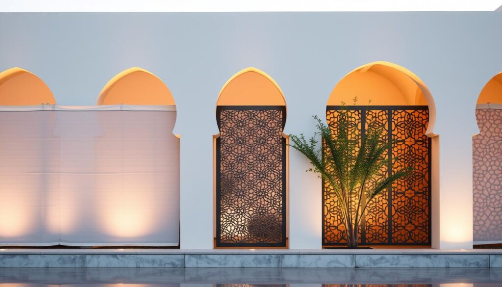 A tranquil scene of elegant privacy fences and wall screens, capturing the essence of traditional Arabic architecture. Graceful arched silhouettes in fine white fabric and sleek laser-cut metal panels create a captivating interplay of light and shadow. The composition emphasizes the balance between functionality and aesthetic, showcasing the perfect privacy solution for modern homes and villas. Warm, diffused lighting illuminates the smooth textures, lending a sense of timeless sophistication. The overall atmosphere evokes a serene oasis, where form and function seamlessly merge to provide the ultimate in privacy and elegance.