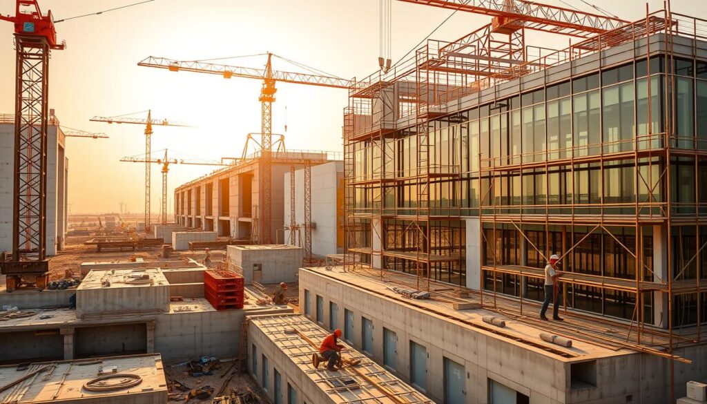 A vast construction site in Jubail, Saudi Arabia. Skilled workers meticulously install advanced insulated sandwich panels, crafting the exterior of modern annexes and glass-enclosed rooms. Cranes loom overhead, guiding the precise placement of each panel. The scene is bathed in warm, golden light, casting long shadows across the busy worksite. Concrete foundations and scaffolding create a dynamic, layered composition. An air of industrious progress pervades the scene, reflecting the efficient execution of this innovative project.