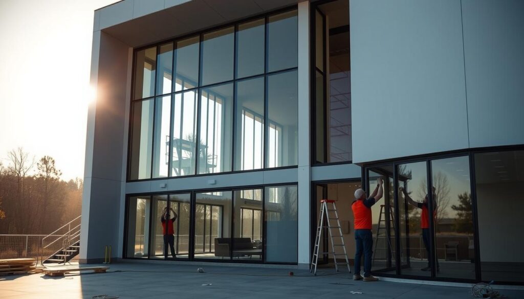 A vast, contemporary annex rises, clad in sleek, insulated sandwich panels. Warm sunlight filters through expansive glass walls, casting a gentle glow on the efficient construction process. Skilled workers meticulously install each panel, ensuring flawless thermal insulation and structural integrity. The annex's minimalist design blends seamlessly with the surrounding architecture, creating an inviting, energy-efficient space for leisure and relaxation. Subtle shadows and reflections enhance the depth and dimensionality of the scene, capturing the care and precision that goes into building these modern, adaptable structures.