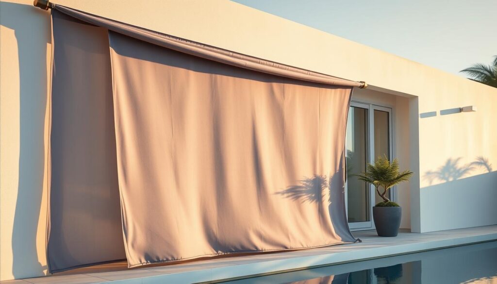 A vibrant, contemporary privacy screen made from high-quality fabric draped elegantly across a modern villa. The fabric sways gently in the breeze, casting soft, dappled shadows across the pristine white walls. The screen is configured in a sleek, minimalist design, providing both privacy and visual interest. Warm, natural lighting illuminates the scene, highlighting the subtle textures and weave of the fabric. The overall atmosphere is one of sophistication, serenity, and effortless style - a perfect complement to the luxurious, modern architecture.