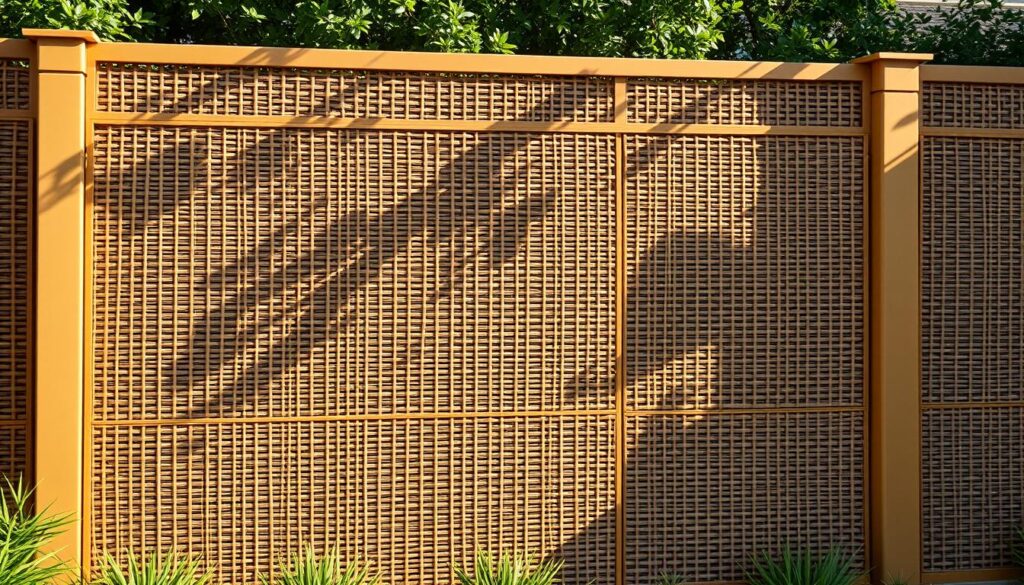 A visually striking privacy fence composed of intricate woven panels, showcasing the exemplary craftsmanship and quality assurance of "سواتر مجدول الدمام". The fence stands tall, seamlessly blending functionality and aesthetic appeal, with a warm, golden hue that radiates an aura of elegance. Carefully positioned lighting casts soft shadows, highlighting the depth and texture of the woven design. The fence is set against a backdrop of lush, verdant foliage, creating a serene and inviting atmosphere. This image perfectly encapsulates the unwavering commitment to quality and exceptional after-sales service that defines "سواتر مجدول الدمام".