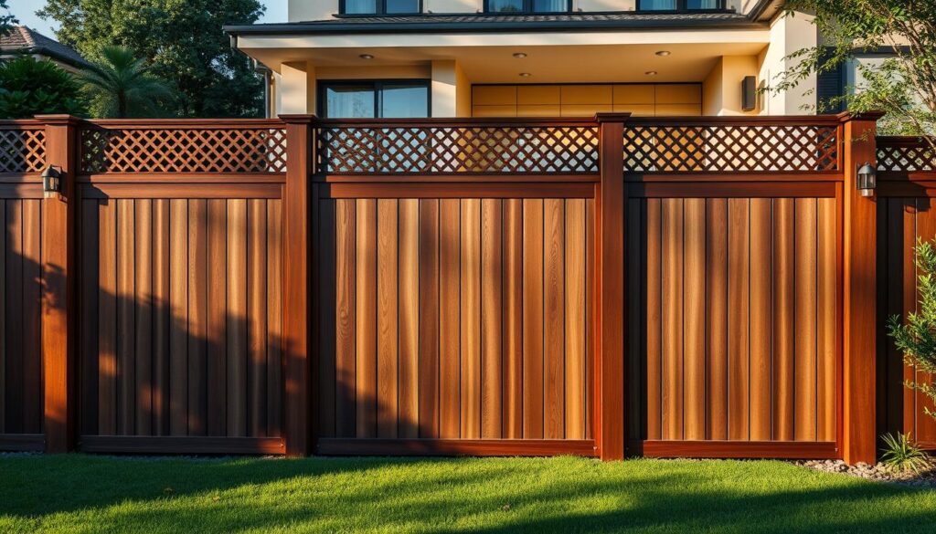 A well-constructed and sturdy privacy fence made of high-quality wooden panels, meticulously designed to blend seamlessly with the elegant, modern architecture of a luxurious villa. The fence stands tall, casting gentle shadows across the lush, manicured lawn, creating a sense of privacy and seclusion. Intricate lattice patterns adorn the upper sections, adding a touch of refined sophistication. Strategically placed lighting fixtures illuminate the scene, casting a warm, inviting glow and highlighting the fence's exceptional craftsmanship. The overall composition exudes a harmonious balance between functionality and aesthetic appeal, perfectly suited for the distinguished homeowners.