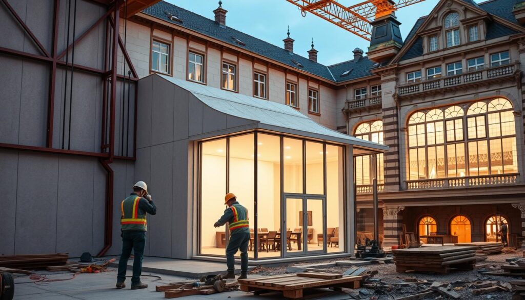 A well-constructed engineering worksite, with meticulous attention to detail. In the foreground, hardworking technicians skillfully install insulated sandwich panels, ensuring a sturdy and energy-efficient structure. The middle ground features a sleek, glass-enclosed annex, blending seamlessly with the building's modern aesthetic. Soft, warm lighting illuminates the scene, casting a cozy ambiance. The background showcases the grandeur of the overall project, where traditional architectural elements harmonize with contemporary design, creating a harmonious fusion of old and new. The overall composition conveys a sense of professional oversight, attention to quality, and a commitment to preserving heritage while embracing modernity.