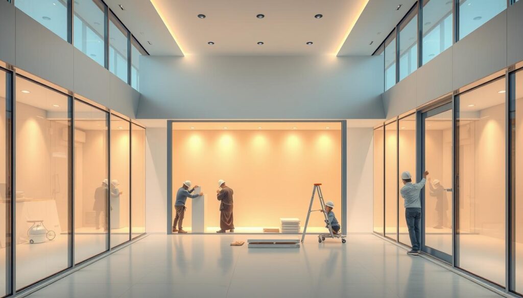 A well-crafted, modern annexe with seamless glass walls and a sleek, minimalist design. Warm, diffused lighting softly illuminates the space, accentuating the clean lines and pristine white sandwich panels that line the interior. Workers meticulously install the insulated panels, creating a harmonious blend of functionality and aesthetic appeal. The entire scene exudes an atmosphere of sophisticated simplicity, perfectly capturing the essence of innovative building techniques in Khobar, Saudi Arabia.