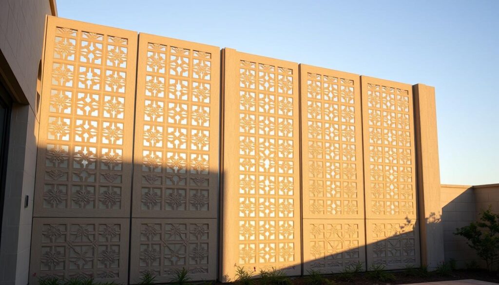 A well-designed concrete privacy screen in a soft beige tone, adorned with intricate geometric patterns and textured surfaces. The screen stands tall, casting gentle shadows that create a sense of depth and seclusion. Warm sunlight filters through the carefully positioned openings, illuminating the space and evoking a feeling of tranquility. The screen seamlessly integrates with the surrounding architecture, blending harmonious lines and forms to create a cohesive and visually appealing composition. The overall scene conveys a balance of functionality, elegance, and architectural cohesion.