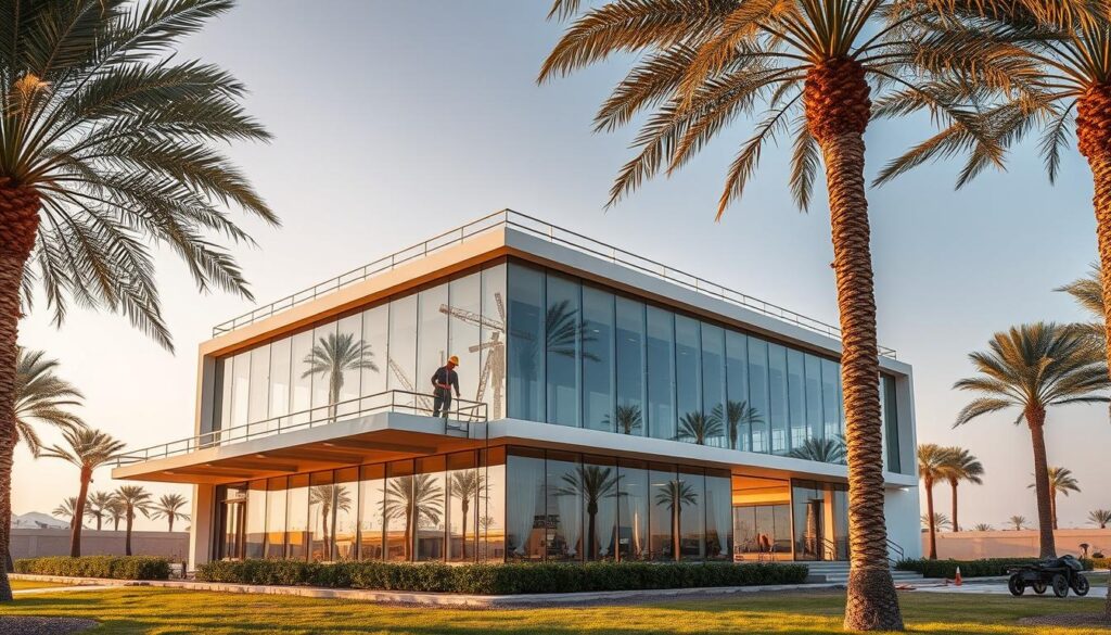 A well-designed modern annexe in the Qatif region of Saudi Arabia, featuring a glass facade and surrounded by palm trees. The structure showcases a harmonious blend of contemporary architecture and traditional Middle Eastern elements. The annexe is being constructed by skilled workers, who are carefully installing insulated sandwich panels to ensure optimal energy efficiency. The scene is illuminated by warm, natural lighting, creating a serene and inviting atmosphere. The annexe is positioned amidst a lush, verdant landscape, highlighting the integration of the building with its surrounding environment.