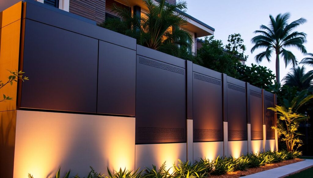 A well-designed modular privacy wall system made of high-quality materials, with sleek and modern panels arranged in an elegant, symmetrical pattern. The walls feature a combination of solid and perforated sections, allowing for partial visibility and airflow while maintaining seclusion. Warm, diffused lighting accentuates the clean lines and textures, creating an inviting and sophisticated ambiance. The scene is captured from a low angle, emphasizing the height and sturdiness of the structure, which seamlessly blends into the lush, verdant landscaping surrounding the villa.