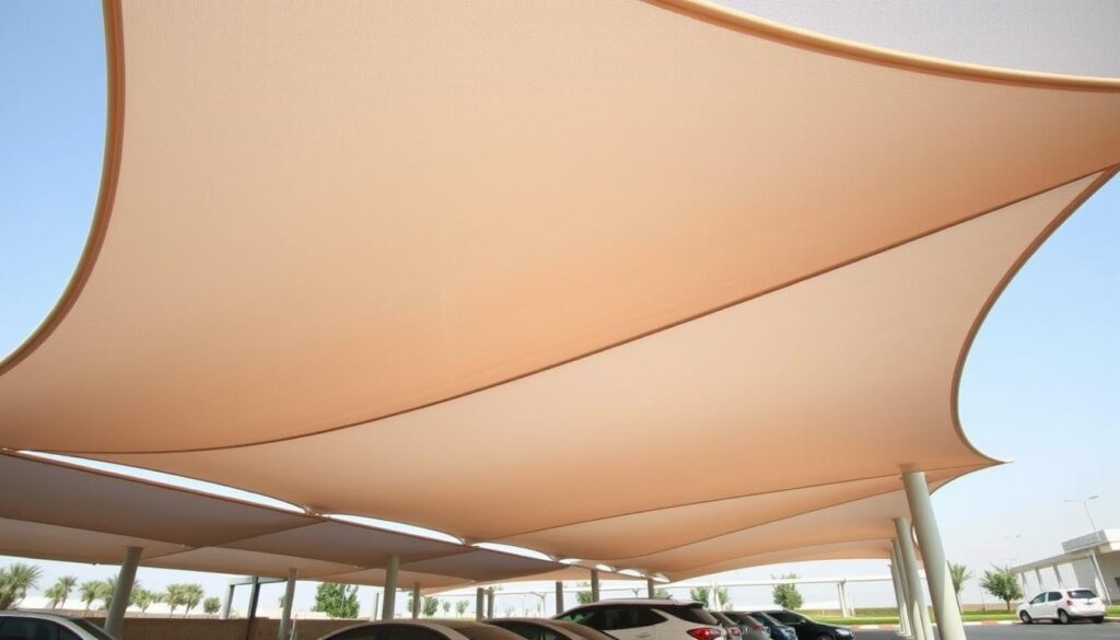 A well-designed shade structure in a Saudi Arabian car park, featuring a modern tensile canopy that casts soft, natural shadows across the vehicles below. The canopy's dynamic form and sleek silhouette create an inviting, contemporary aesthetic, complemented by warm, diffused lighting that illuminates the scene. The structure's materials, colors, and overall composition seamlessly integrate with the surrounding environment, providing both functional and visual appeal. The image conveys a sense of comfort, tranquility, and thoughtful design, showcasing the ideal balance of form and function for an optimal car park experience.