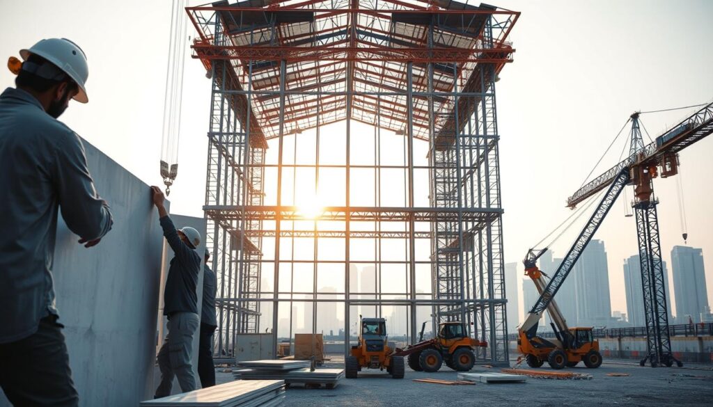 A well-equipped construction site for the engineering supervision of a modern glass room project. In the foreground, workers diligently install insulated sandwich panels, their hands expertly guiding the materials into place. The middle ground showcases the skeletal framework of the structure, rising elegantly against a backdrop of the Dammam skyline. Natural light filters through the partially completed glass walls, casting a warm, inviting glow. Cranes and machinery stand ready to assist, creating an atmosphere of focused productivity. The scene conveys a sense of precision, craftsmanship, and meticulous attention to detail, reflecting the high standards of the engineering supervision overseeing the construction.