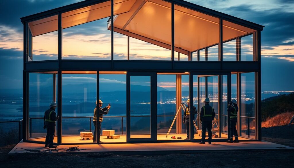 A well-lit, contemporary glass structure stands in the foreground, its sleek frame and panels reflecting the surrounding landscape. A team of construction workers meticulously install insulated sandwich panels, ensuring a seamless integration of form and function. In the background, a panoramic vista unfolds, showcasing the architectural harmony of the design. Warm, diffused lighting casts a professional, yet inviting atmosphere, highlighting the precision and expertise of the engineering services. The scene conveys a sense of progress, quality, and a commitment to delivering an exceptional glass room experience.