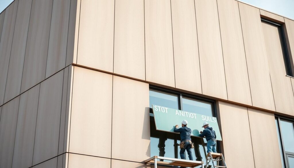 A well-lit, high-angle view of a modern, minimalist building facade featuring a clean, linear design. The exterior is adorned with sleek, insulated sandwich panels in a muted, earthy color palette that seamlessly integrate with the structure. In the foreground, skilled technicians carefully install the panels, their movements captured in a crisp, documentary-style composition. The overall scene conveys a sense of precision, functionality, and a dedication to contemporary architectural aesthetics.