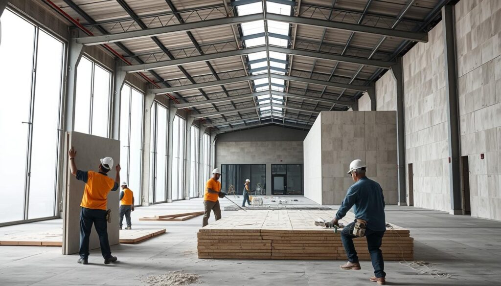 A well-lit warehouse interior showcasing the construction of modern building annexes. In the foreground, skilled workers meticulously install insulated sandwich panels, their sleek profiles and clean lines creating a sophisticated, minimalist aesthetic. In the middle ground, cement boards are being cut and fitted, their sturdy, weather-resistant surfaces preparing the foundation for the glass rooms beyond. The background reveals the expansive scale of the project, with high ceilings and large windows allowing natural light to flood the space, imbuing the scene with a sense of openness and modernity. The overall mood is one of precision, efficiency, and the marriage of form and function - a visual representation of the high-quality construction techniques employed by the Riyadah Al-Sharqiyah company.