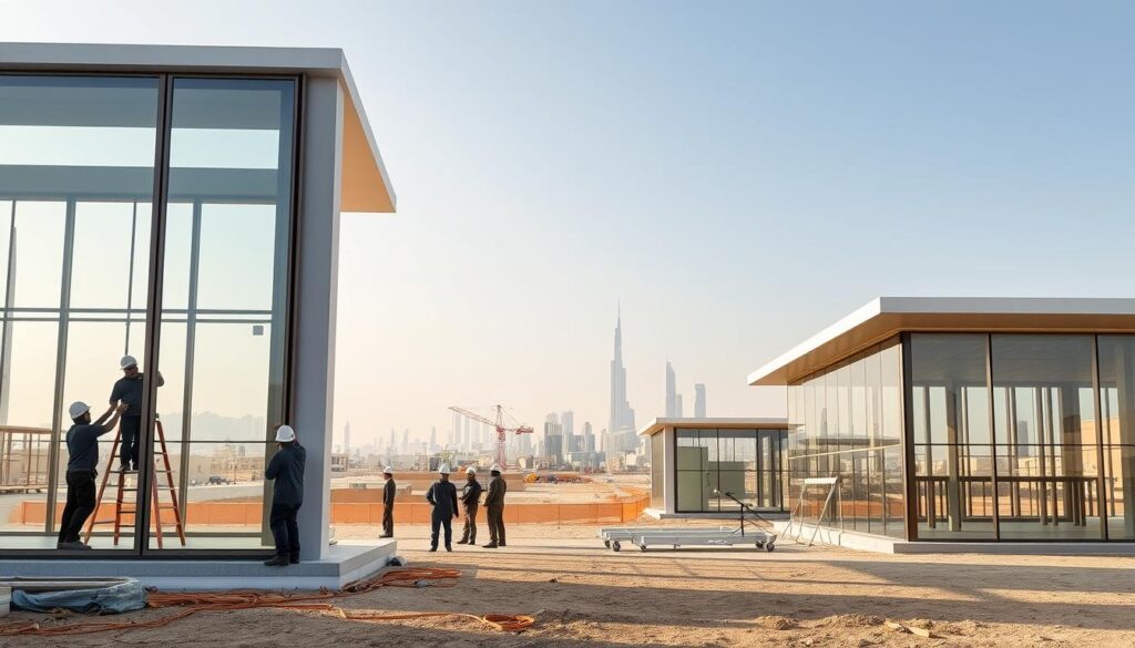 An architectural landscape showcasing previous projects completed by the company in Al-Khobar, Saudi Arabia. In the foreground, a team of skilled workers meticulously install sleek, insulated sandwich panels to construct modern glass enclosures and annexes. The middle ground features the partially completed structures, their clean lines and expansive glazing reflecting the surrounding environment. In the background, the cityscape of Al-Khobar rises, a tapestry of contemporary architectural styles. Warm, natural lighting bathes the scene, highlighting the precision and attention to detail that define the company's construction expertise.
