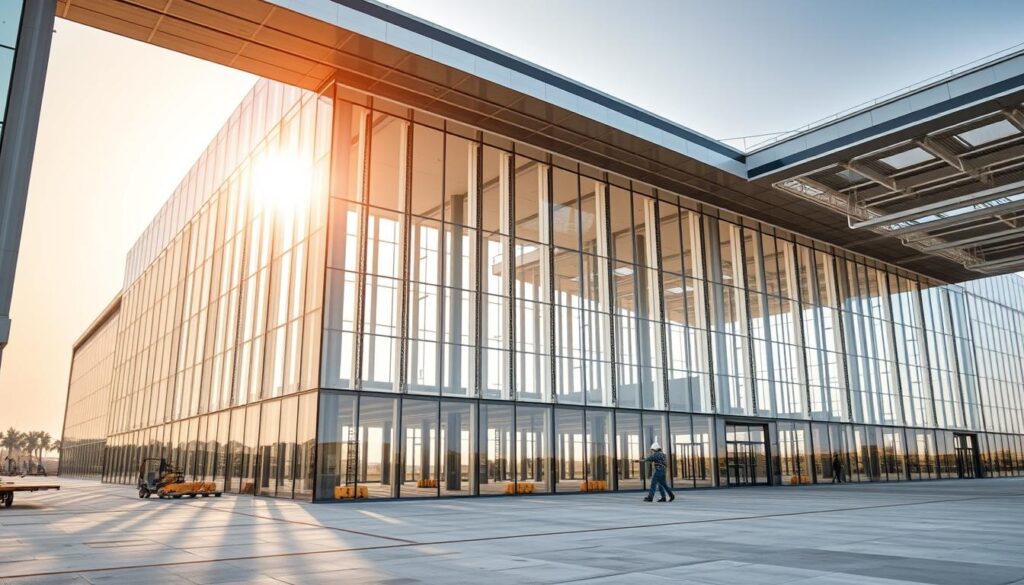 An architectural masterpiece emerges in the Eastern Province, showcasing the pinnacle of Qatif's engineering prowess. A breathtaking glass-and-steel structure, the 2026 Sharqiyah Building stands tall, its sleek lines and seamless integration with the surrounding landscape capturing the essence of forward-thinking design. Skilled workers meticulously install insulated sandwich panels, crafting a climate-controlled environment that balances function and aesthetic. Abundant natural light filters through the expansive windows, casting a warm glow and illuminating the precision-engineered spaces within. This visionary structure embodies the region's commitment to quality, sustainability, and innovation, setting a new standard for modern architectural excellence.