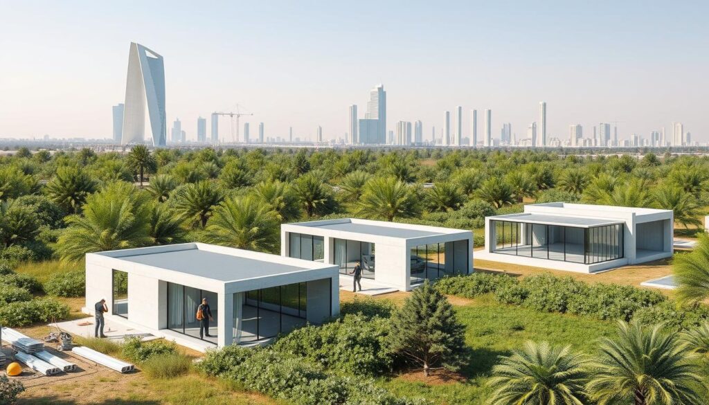 An architectural rendering showcasing the modern, innovative projects of Riyadah Al-Sharqiah Company in Dammam. The image depicts a group of sleek, minimalist glass and concrete structures nestled within a lush, verdant landscape. In the foreground, skilled workers install insulated sandwich panels, implementing cutting-edge sustainable building techniques. The mid-ground features a series of elegant, open-concept glass annexes and sunrooms, their clean lines and abundant natural light exemplifying the company's commitment to contemporary design. In the background, the Dammam skyline rises, with the project's towering, geometric forms seamlessly blending into the urban environment. The overall scene conveys a sense of progress, technological advancement, and environmental harmony - a harmonious fusion of nature and modern architecture.