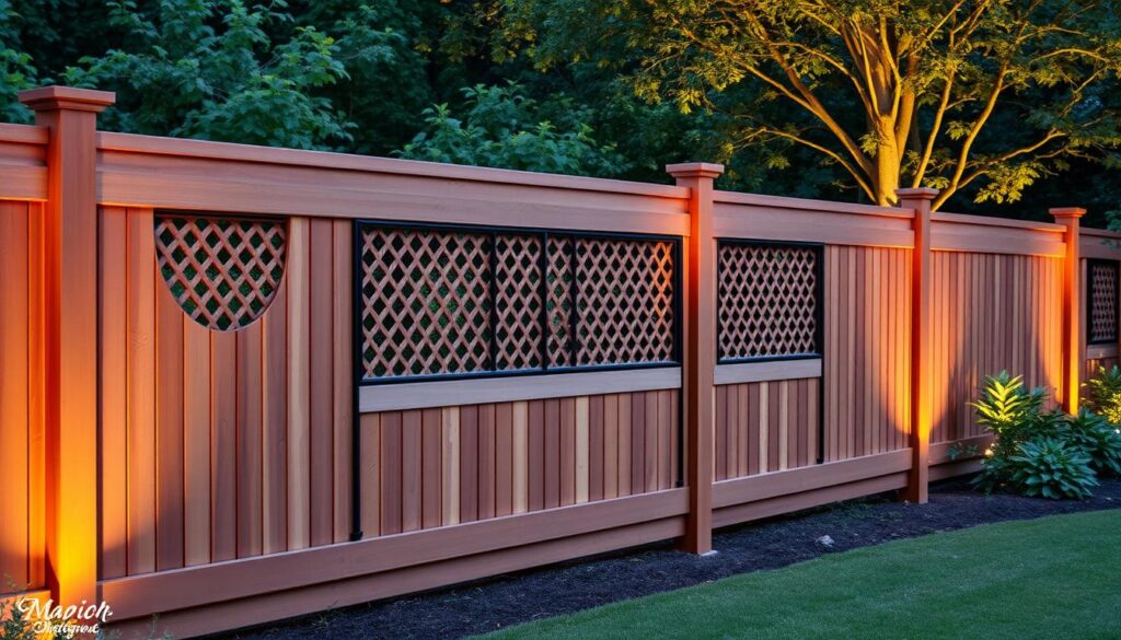 An elegant and sturdy privacy fence with intricate lattice patterns adorning the middle section, crafted from high-quality wood and metal. The fence stretches across a manicured garden, creating a sense of refined seclusion. Warm lighting casts a soft glow, highlighting the fence's natural hues and the lush greenery in the background. The scene exudes a harmonious balance of functionality and aesthetic appeal, capturing the essence of "سواتر الشرقية" - an oasis of tranquility and style.