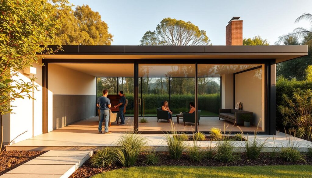 An elegant modern annex with floor-to-ceiling glass walls, illuminated by warm natural light filtering through the insulated sandwich panels. The structure seamlessly blends into the lush landscaping, creating a harmonious indoor-outdoor living experience. A team of skilled workers carefully install the high-performance panels, ensuring the structure's energy efficiency and year-round comfort. Subtle architectural details, such as clean lines and a minimalist color palette, elevate the design, while the thoughtful placement of furnishings and decor invites relaxation and social gathering.