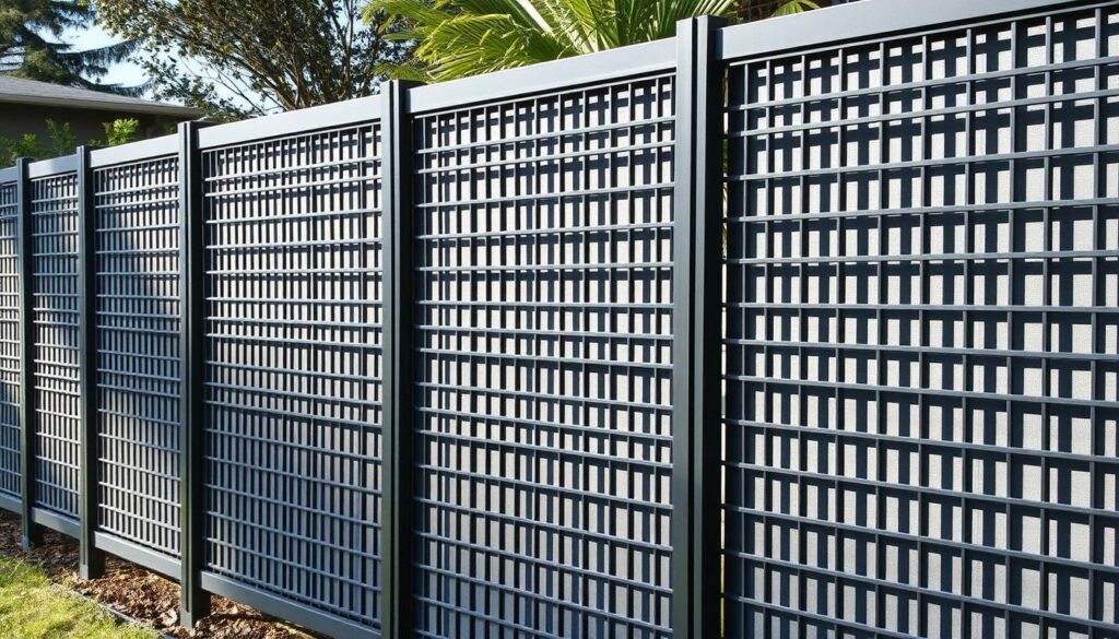 An elegant privacy fence made of high-quality interlocking metal panels, meticulously engineered for both security and visual appeal. The seamless, modernist design features a sleek grid pattern that casts intricate shadows, creating a striking interplay of light and shadow. The fence stands tall, its robust construction conveying a sense of stability and durability. The metallic surface reflects the surrounding environment, blending harmoniously with the landscape. Subtle yet powerful, this fence embodies the perfect balance of form and function, providing the desired privacy while elevating the overall aesthetic of the property.
