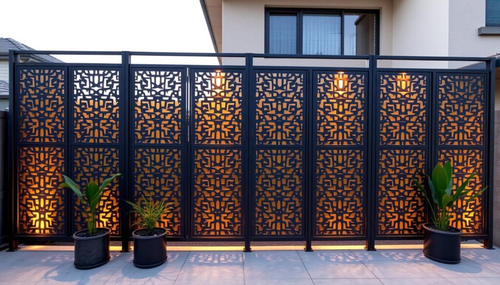 An elegant privacy screen featuring intricate laser-cut panels in a seamless arrangement. The sturdy metal frame supports precisely engineered geometric patterns that cast dynamic shadows, creating a sense of depth and visual interest. Warm lighting from recessed fixtures accentuates the sleek, modern design, while strategically placed potted plants soften the industrial aesthetic. The screen provides an ideal balance of functionality and aesthetic appeal, enhancing the overall architectural harmony of the residential setting.