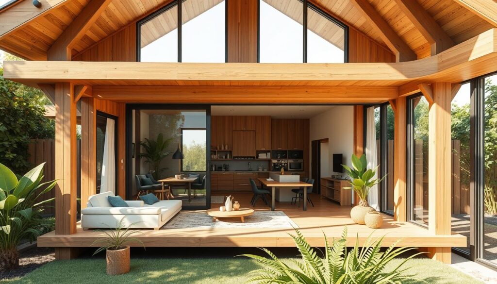 An elegantly designed wooden annex in the heart of Dammam, bathed in warm natural light filtering through large windows. The structure seamlessly blends traditional craftsmanship with contemporary architectural elements, creating a harmonious and inviting space. Skilled workers carefully install insulated sandwich panels, ensuring the annex is both visually appealing and energy-efficient. The annex's thoughtful layout, with strategic placement of furniture and decor, highlights its versatility as a cozy living area, a serene dining space, or a productive work retreat. Lush greenery surrounding the structure adds to the sense of tranquility, making this annex a true oasis of sustainable comfort and style.